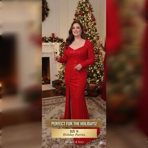 🔥 Dazzle & Shine! ✨ Red Sequin Long Sleeve Gown